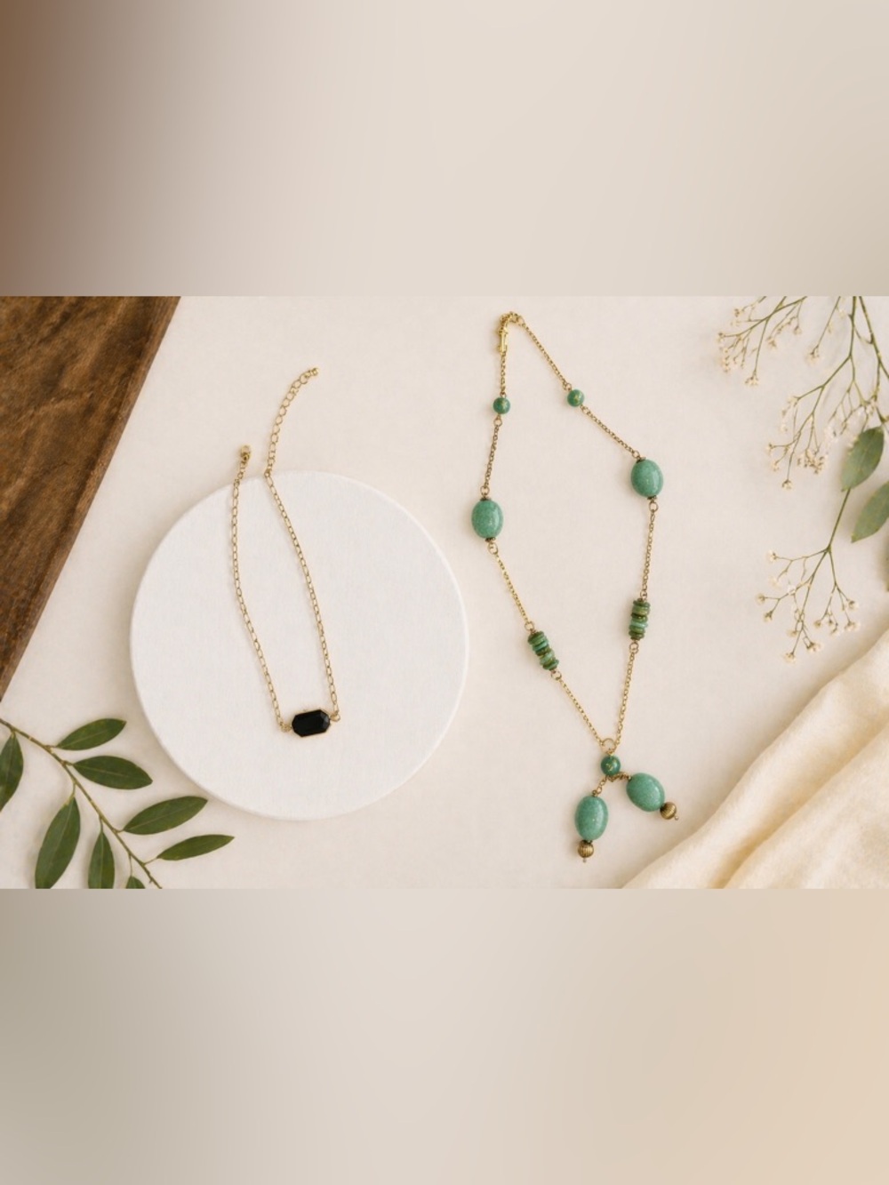 Gold Tone Necklace Bundle Set Black Pendant & Green Stone Necklace Boho Jewelry‎
